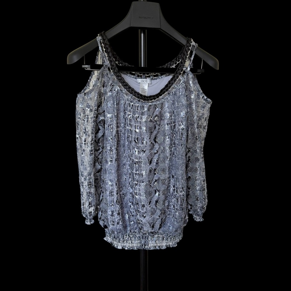 Y2K Cache Grey Snakeskin Metallic Cold Shoulder Blouse Braided Chain Neck S